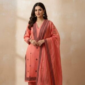 Charming Peach Linen Embroidered 3 Pcs Women’s Stitched Suit with V-Neck and Printed Dupatta