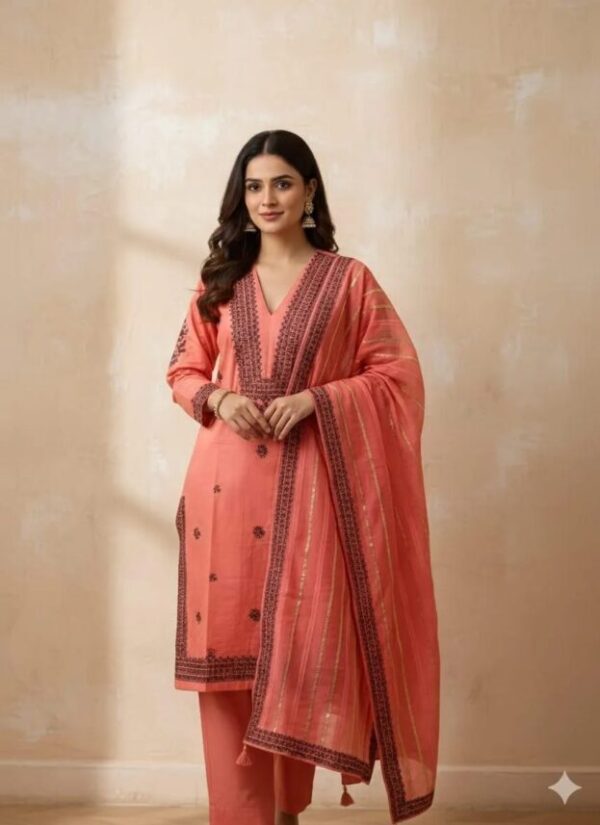 Charming Peach Linen Embroidered 3 Pcs Women's Stitched Suit with V-Neck and Printed Dupatta