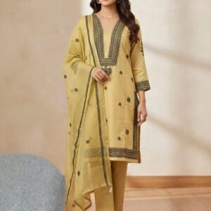 Chic Yellow Embroidered Linen Suit – 3 Pcs Set for Women