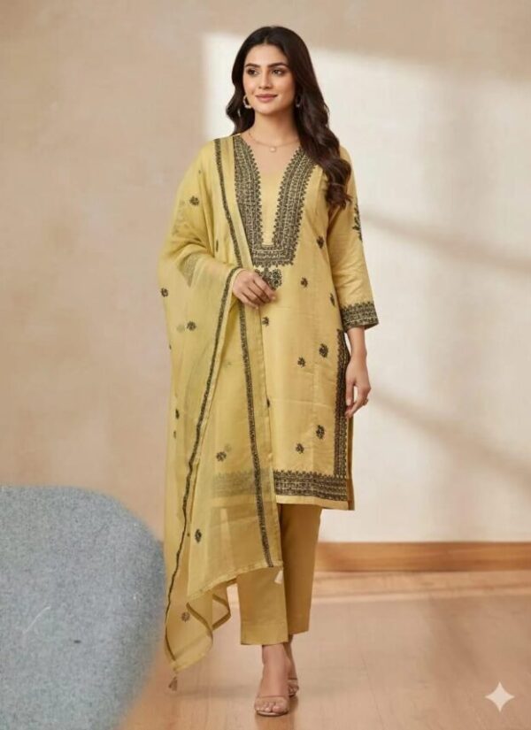 Chic Yellow Embroidered Linen Suit - 3 Pcs Set for Women