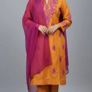 Stylish Women’s Stitched 3 Pcs Linen Embroidered Suit in Vibrant Orange
