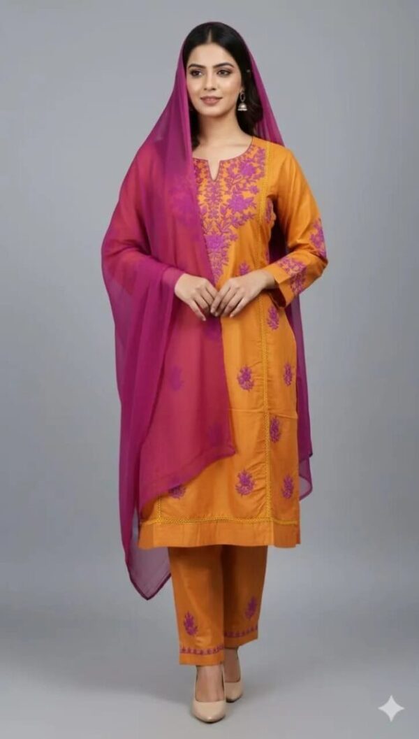 Stylish Women's Stitched 3 Pcs Linen Embroidered Suit in Vibrant Orange