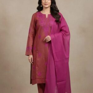 Exquisite Maroon Embroidered Linen Suit – 3 Pcs Set