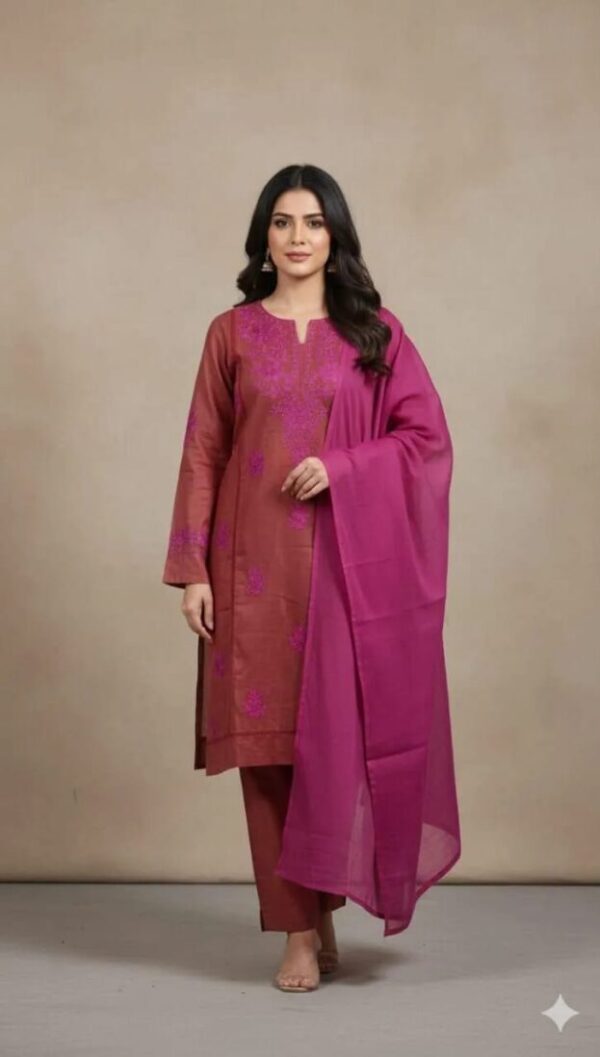Exquisite Maroon Embroidered Linen Suit - 3 Pcs Set