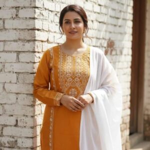 Embroidered Linen Suit Set – 3 Pcs in Orange