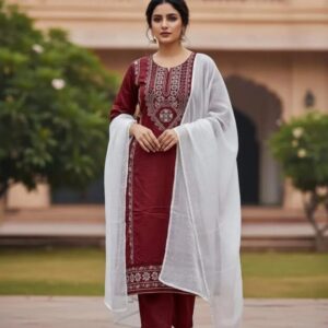Elegant Maroon Embroidered Linen Suit – 3 Pcs Set for Women