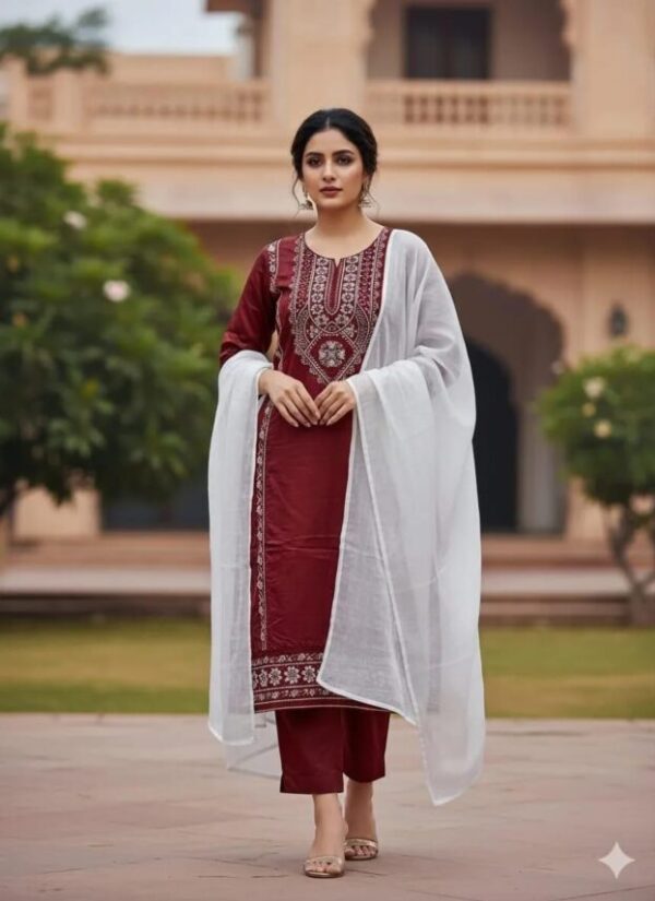 Elegant Maroon Embroidered Linen Suit - 3 Pcs Set for Women