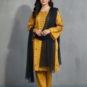 Mustard Linen Embroidered Suit Set – 3 Pcs with Chiffon Dupatta