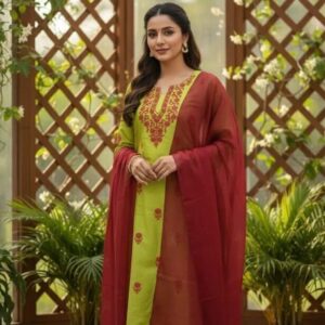 Elegant Green Embroidered Linen Suit – 3 Pcs Women’s Stitched Ensemble