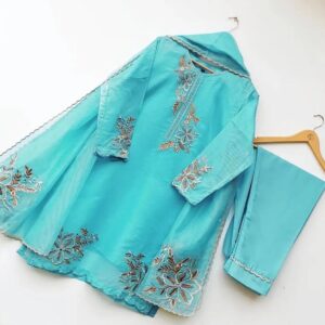 3 Pcs Women’s Stitched Organza Sequins Embroidered Suit