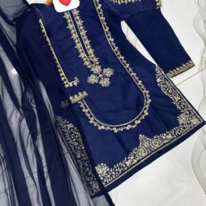 3 Pcs Women’s Stitched Shamoz Silk Sequins Embroidered Suit