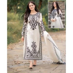 3 Pcs Women’s Stitched Organza Embroidered Suit
