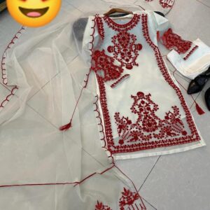 3 Pcs Women’s Stitched Organza Embroidered Suit