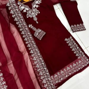 3 Pcs Women’s Stitched Organza Embroidered Suit