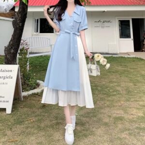 Fake Two-Piece Short-Sleeved V Neck Mid-Length Dress