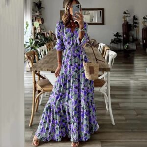 Summer New European and American Clothing Elegant Vacation V Neck Printed Long Dress