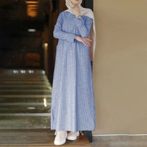 Spring and Autumn Retro Long Sleeve Striped Cotton and Linen A-Line Dress