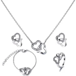 Stunning Double Heart Design Gold Plated Pendant Set – 4 Pcs for Women