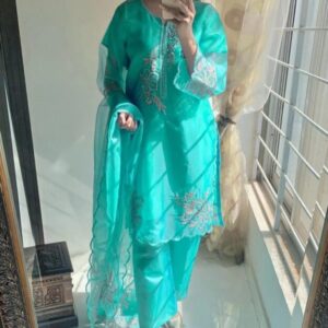 3 Pcs Women’s Stitched Organza Sequins Embroidered Suit