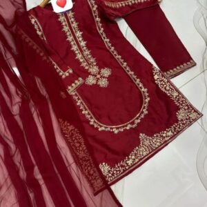 3 Pcs Women’s Stitched Shamoz Silk Sequins Embroidered Suit
