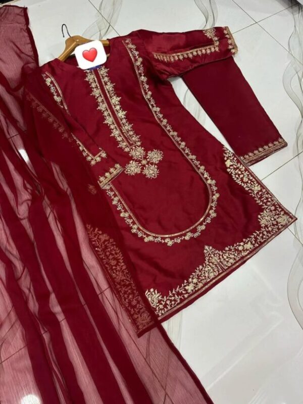 3 Pcs Women's Stitched Shamoz Silk Sequins Embroidered Suit