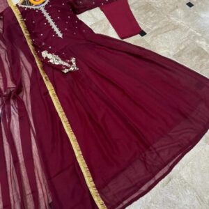 3 Pcs Women’s Stitched Chiffon Embroidered Frock