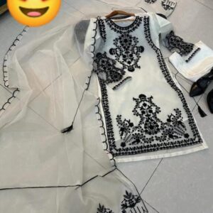 3 Pcs Women’s Stitched Organza Embroidered Suit