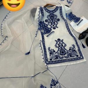 3 Pcs Women’s Stitched Organza Embroidered Suit