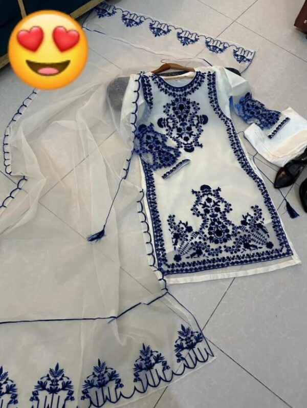 3 Pcs Women's Stitched Organza Embroidered Suit