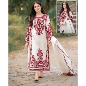 3 Pcs Women’s Stitched Organza Embroidered Suit
