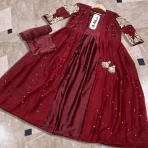 3 Pcs Women’s Stitched Shamoz Silk Plain Gown Suit