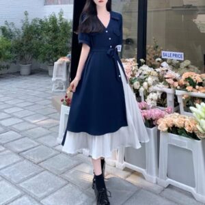 Fake Two-Piece Short-Sleeved V Neck Mid-Length Dress