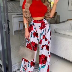 Printed Two-Piece Short-Sleeved Casual Suit for Women
