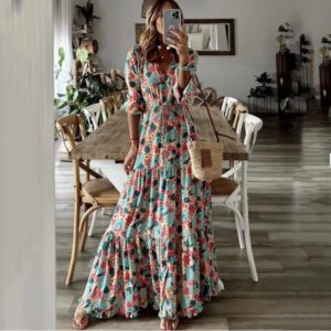 Summer New European and American Clothing Elegant Vacation V Neck Printed Long Dress