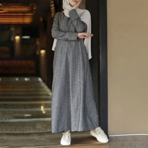 Spring and Autumn Retro Long Sleeve Striped Cotton and Linen A-Line Dress