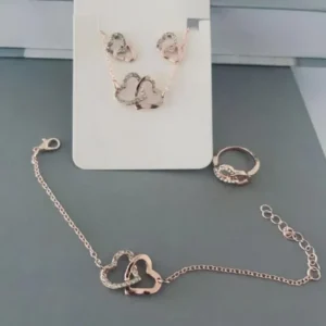 Stunning Double Heart Design Gold Plated Pendant Set – 4 Pcs for Women