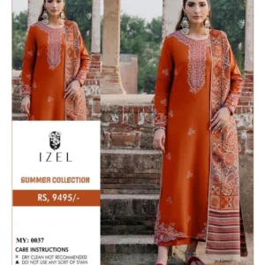 Unstitched 3-Piece Orange Lawn Suit with Embroidery & Dupatta