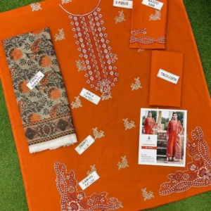 Unstitched 3-Piece Orange Lawn Suit with Embroidery & Dupatta