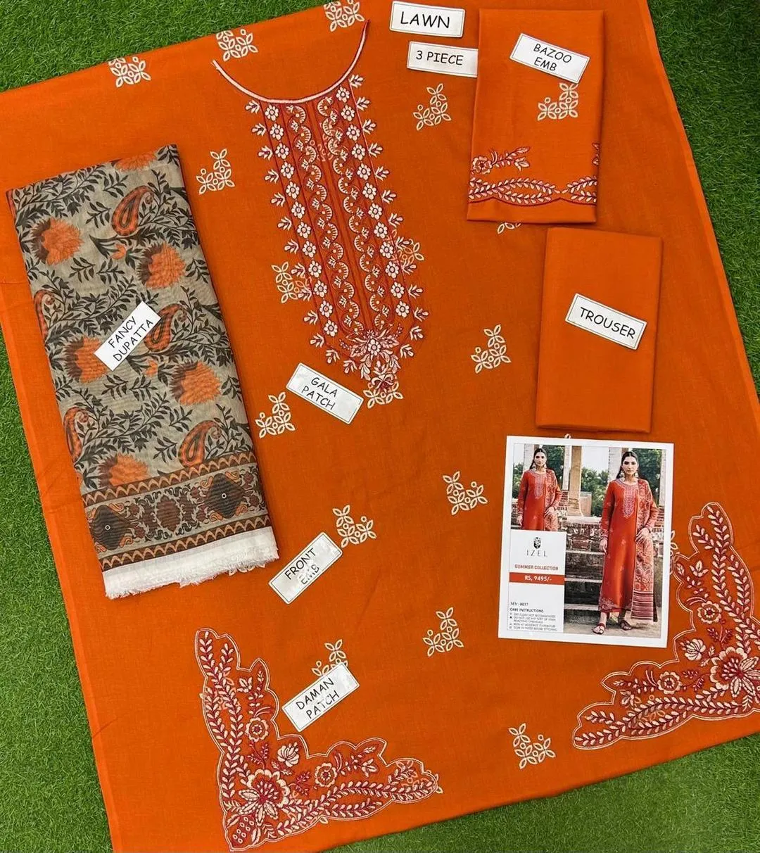Unstitched 3-Piece Orange Lawn Suit with Embroidery & Dupatta - Image 2