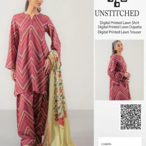Unstitched 3-Piece Lawn Suit Pink Geometric Floral Dupatta