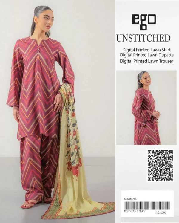 Unstitched 3-Piece Lawn Suit Pink Geometric Floral Dupatta