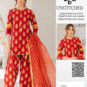 Unstitched 3-Piece Lawn Suit Orange Floral Print