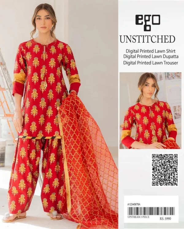 Unstitched 3-Piece Lawn Suit Orange Floral Print