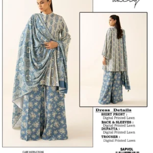 Unstitched Printed Lawn Suit Blue Cream Silver Floral Ramzan Wear 3 Pcs
