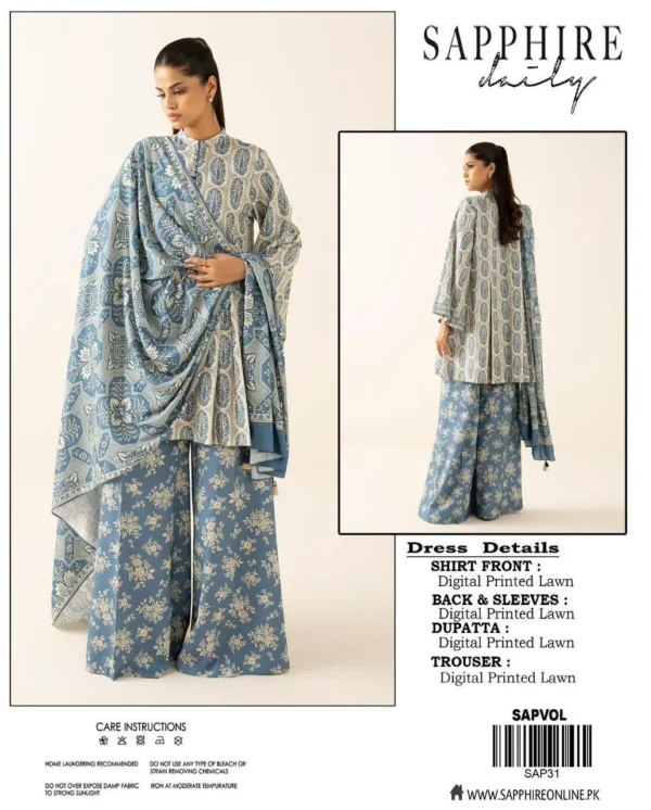 Unstitched Printed Lawn Suit Blue Cream Silver Floral Ramzan Wear 3 Pcs