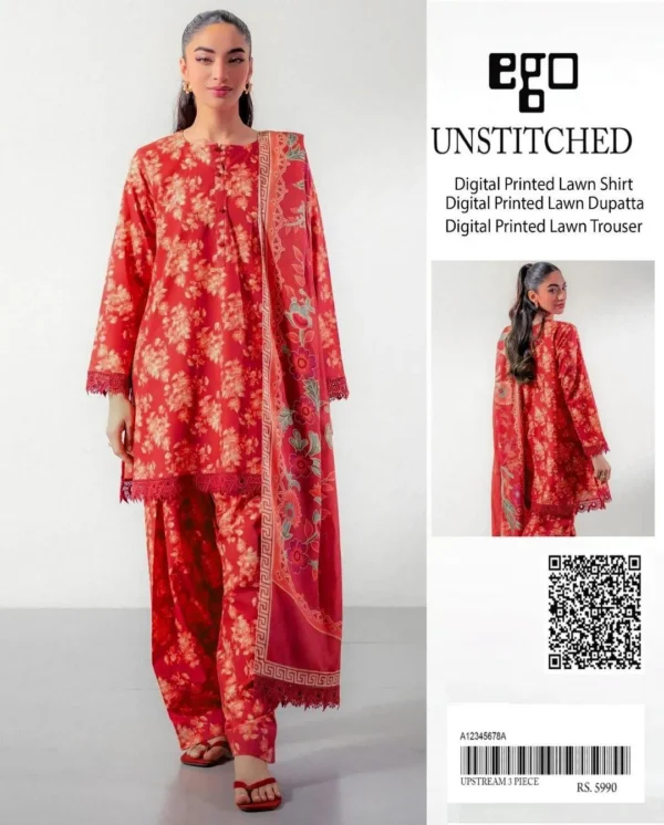 Unstitched 3-Piece Red Floral Lawn Suit