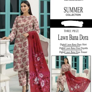 3 Pcs Women Lawn Printed Suit Red