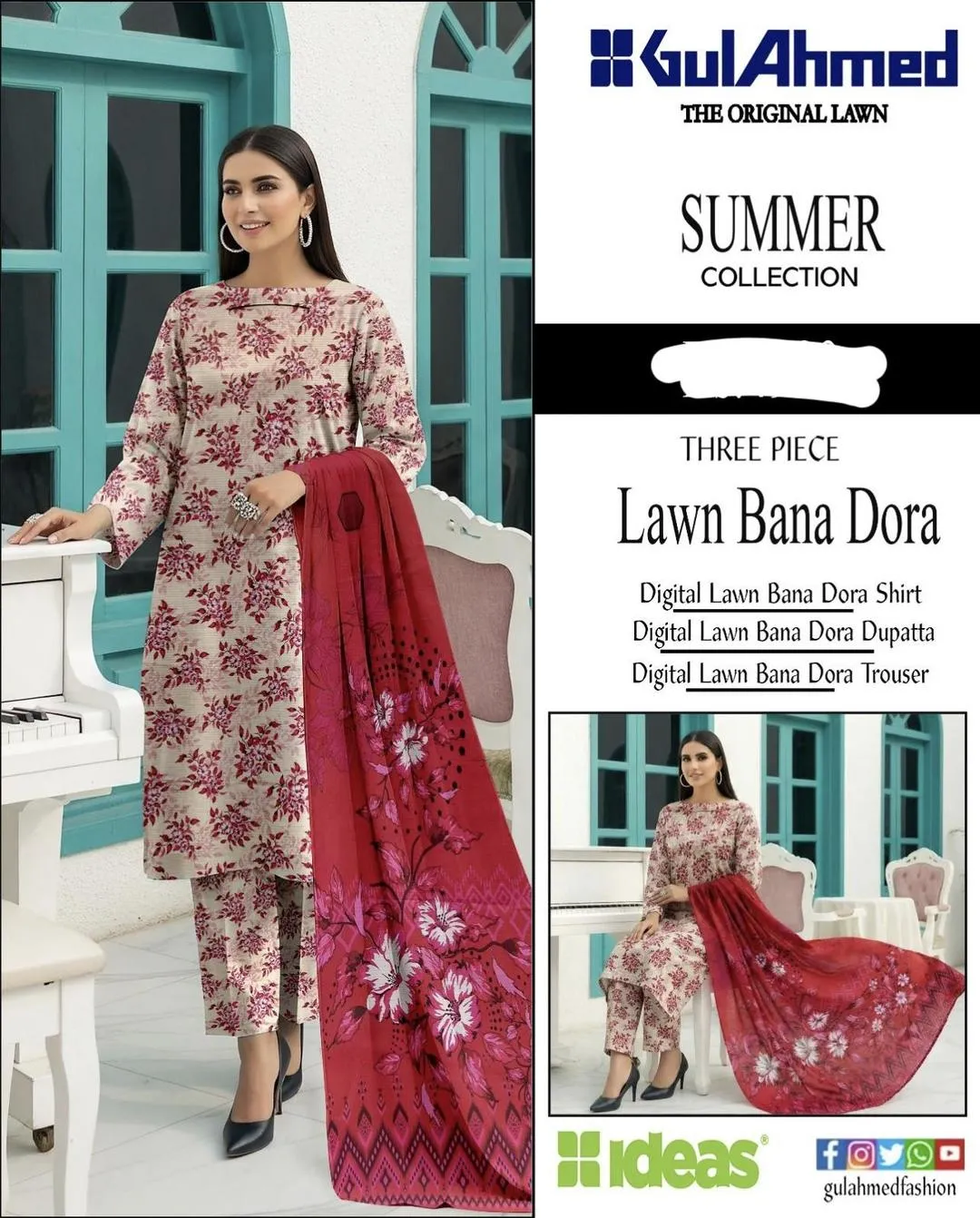 3 Pcs Women Lawn Printed Suit Red