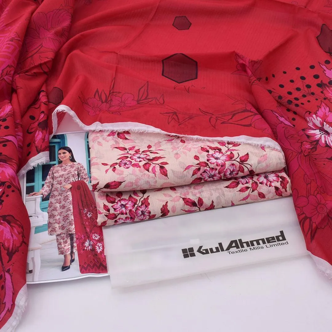 3 Pcs Women Lawn Printed Suit Red - Image 2