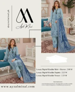 Blue Printed Khaddar 3-Piece Suit for Women